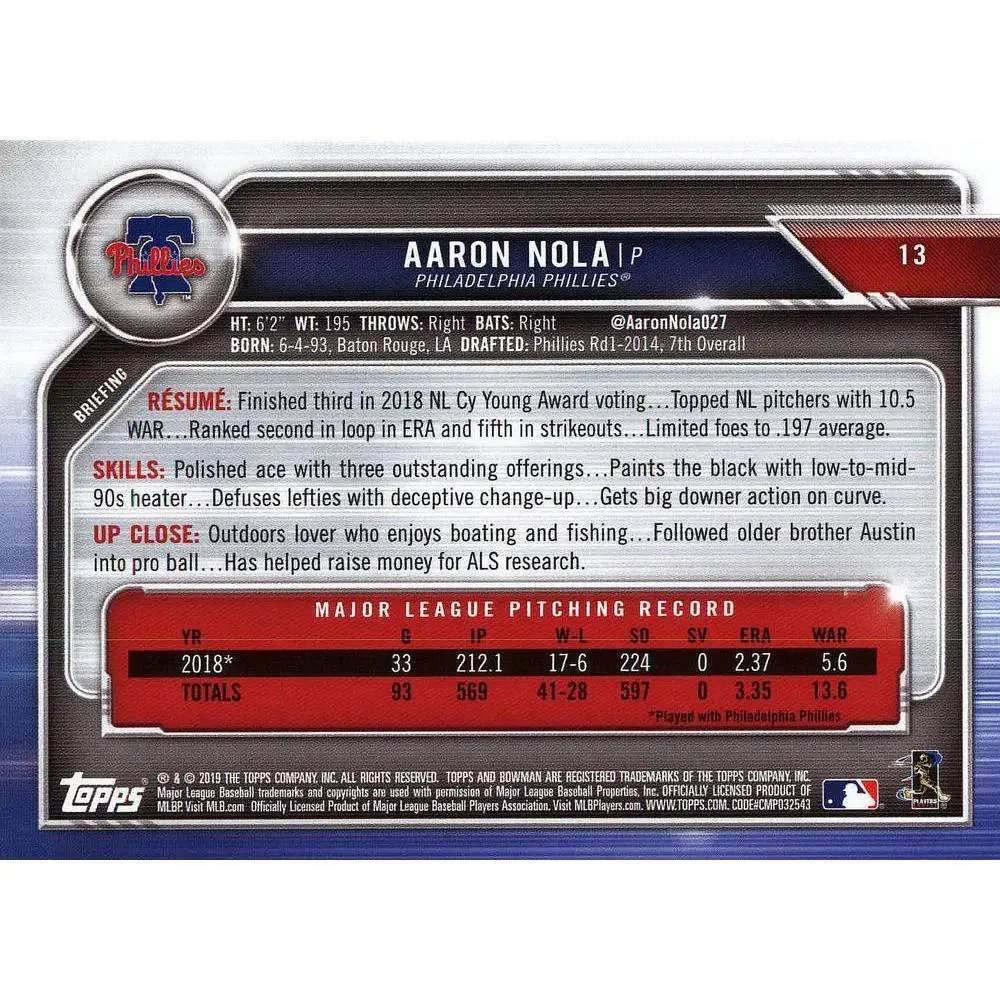 2019 Bowman Aaron Nola #13 Philadelphia Phillies